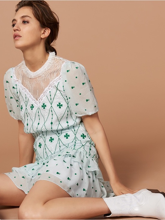 Sandro Dresses & Skirts - Sandro Paris White and Green Lace-Trim Ruffled Mini Dress